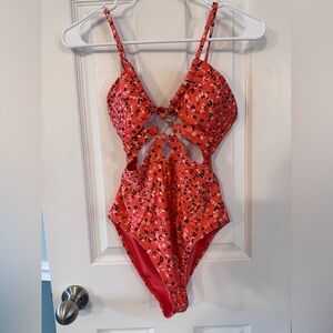 Red and Black One Piece Swimsuit with Plunging Neckline